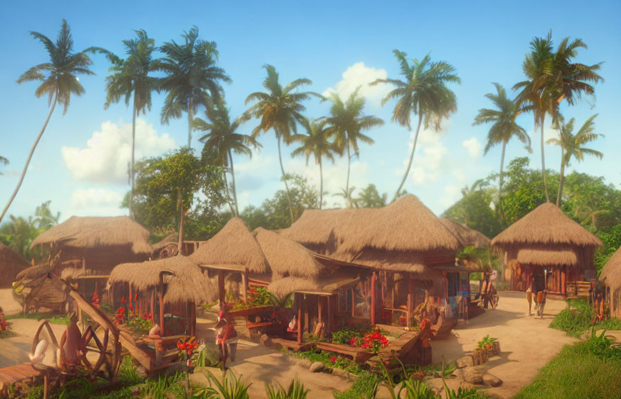 Tranquil tropical village with thatched-roof huts and lush palm trees