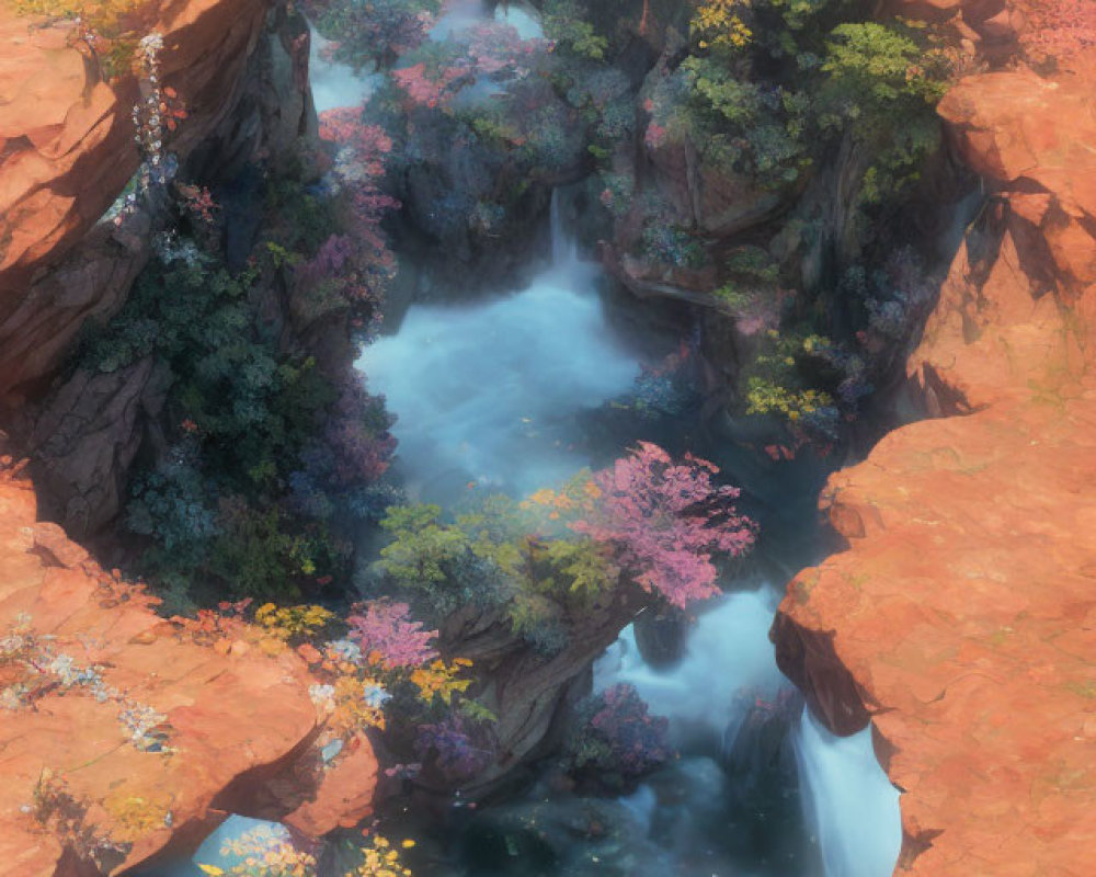 Tranquil landscape with waterfalls, autumn foliage, and rocky cliffs