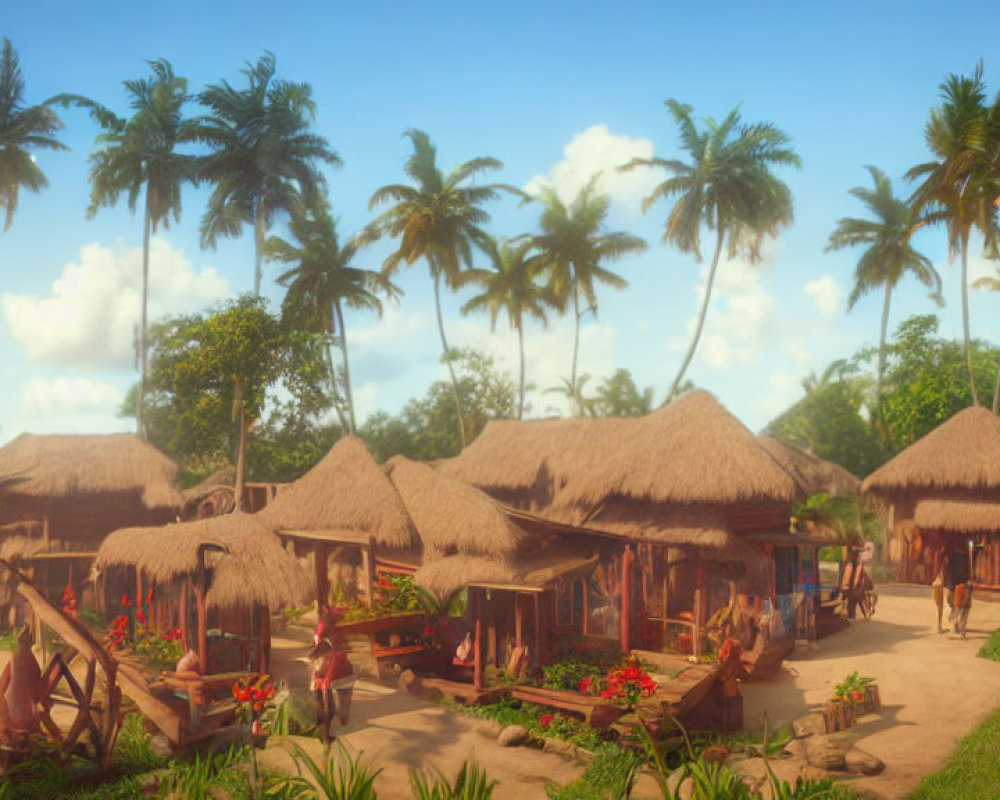 Tranquil tropical village with thatched-roof huts and lush palm trees