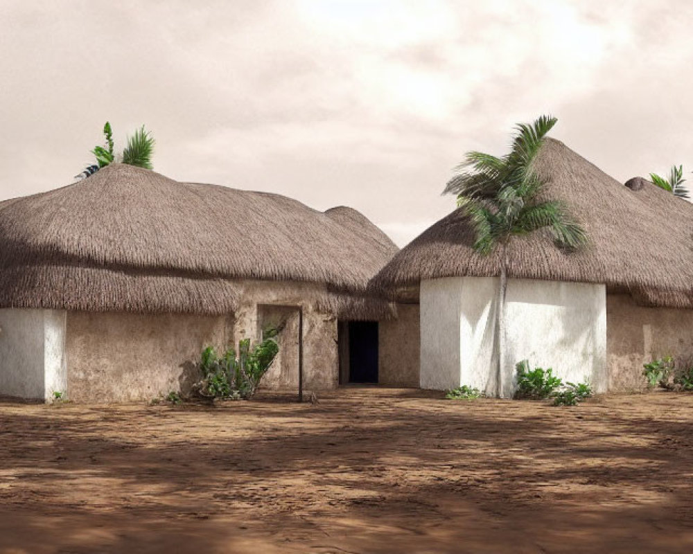 Traditional Thatched Huts Surrounded by Palm Trees and Dusty Ground