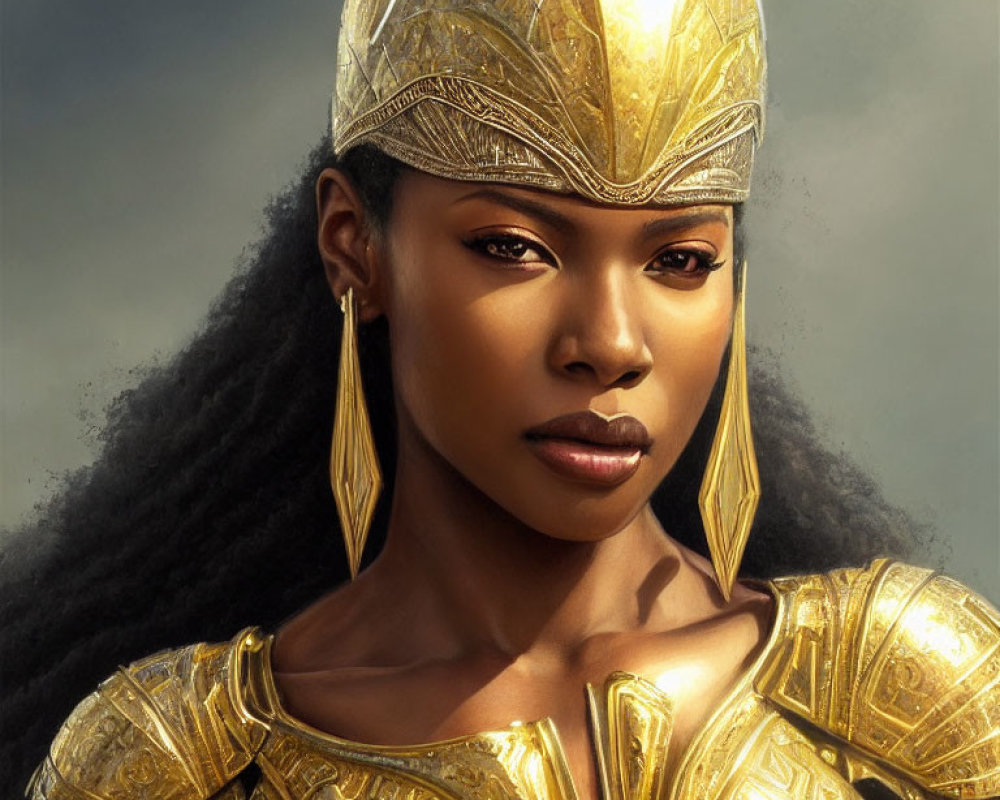 Determined woman in golden armor and helmet on soft glowing backdrop