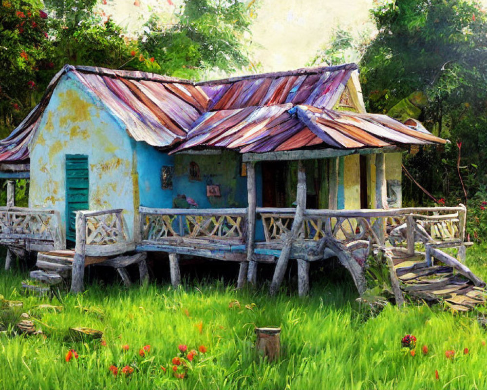 Colorful countryside house with rusted tin roof in lush greenery