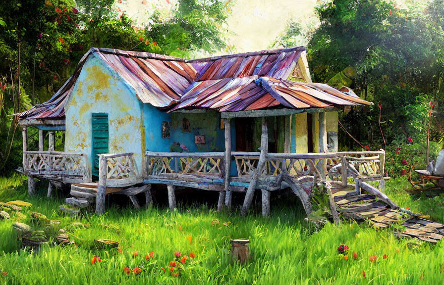 Colorful countryside house with rusted tin roof in lush greenery