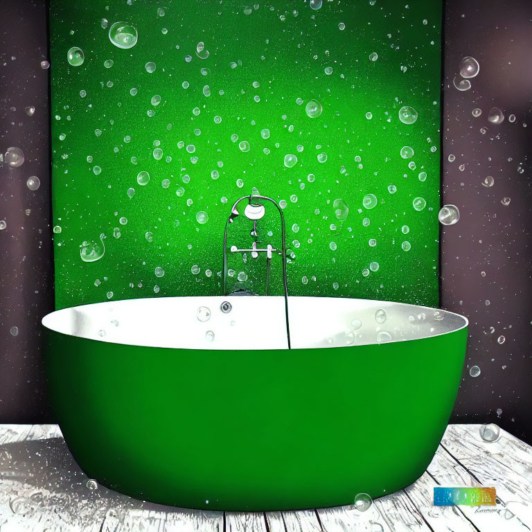 Green Bathtub with Silver Faucet and Bubble-Like Circles on Green and Purple Background