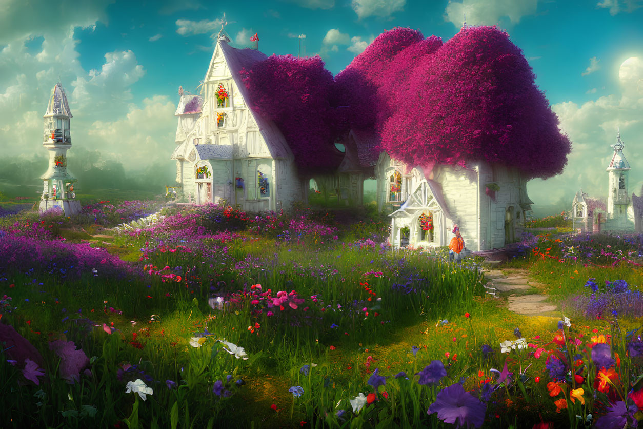 Whimsical cottage with vibrant purple trees in colorful garden