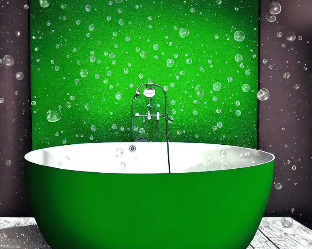 Green Bathtub with Silver Faucet and Bubble-Like Circles on Green and Purple Background