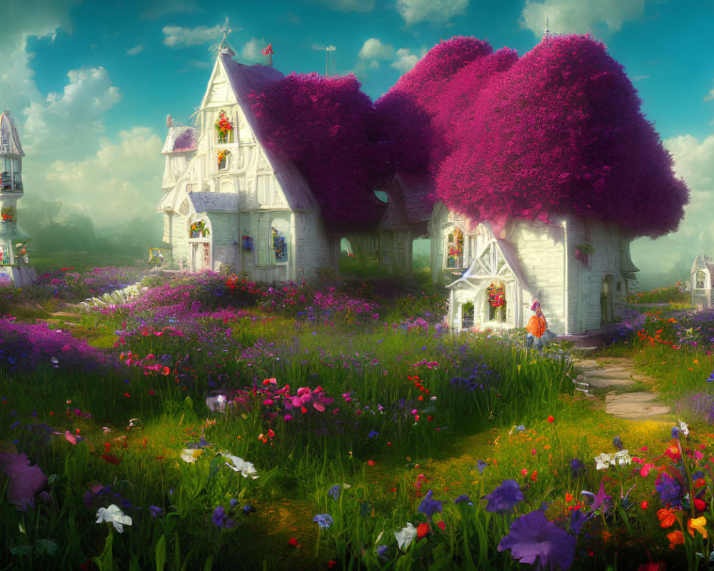 Whimsical cottage with vibrant purple trees in colorful garden