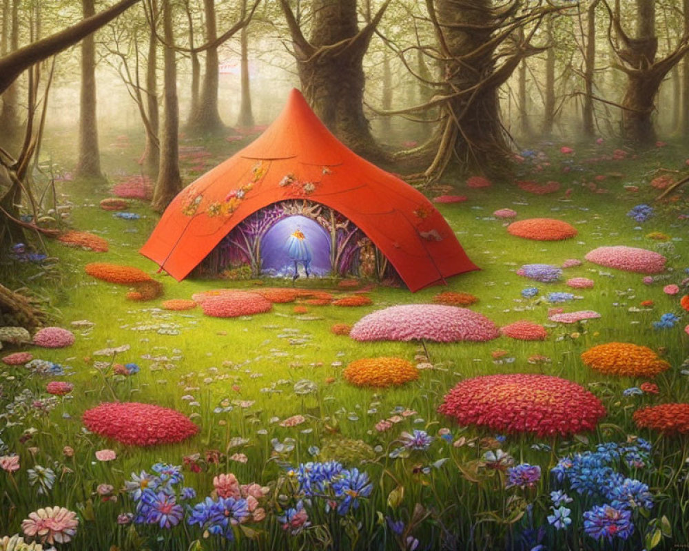 Mystical forest scene with glowing orange tent and colorful flowers