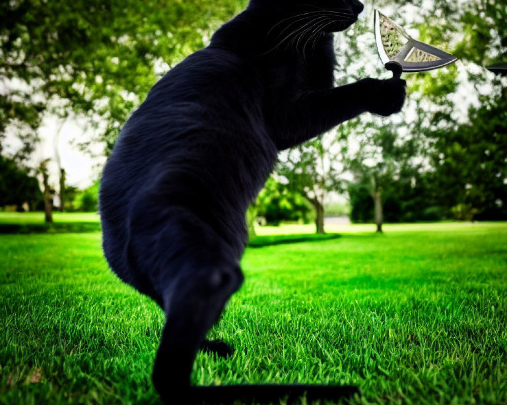 Black Cat Playing with White Shuttlecock in Grass Field