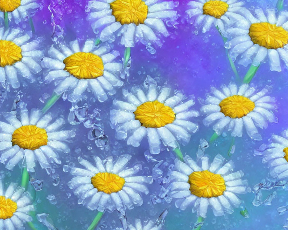 White daisies with yellow centers and icy crystals on multicolored background