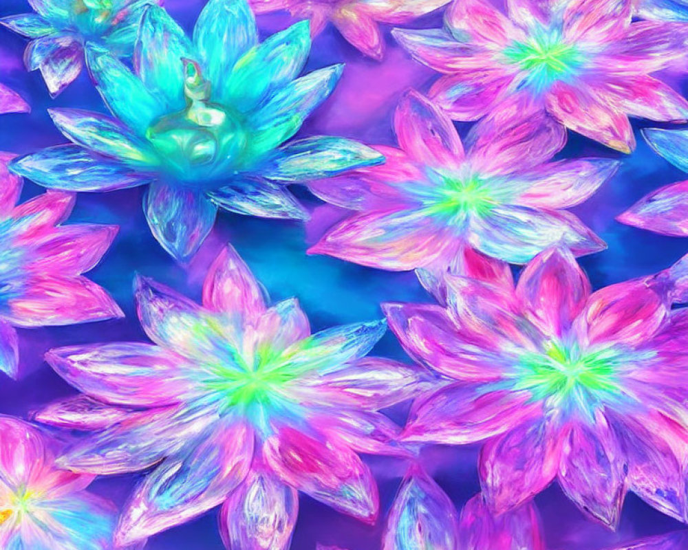 Colorful digital artwork: Stylized lotus flowers in pink, purple, and blue