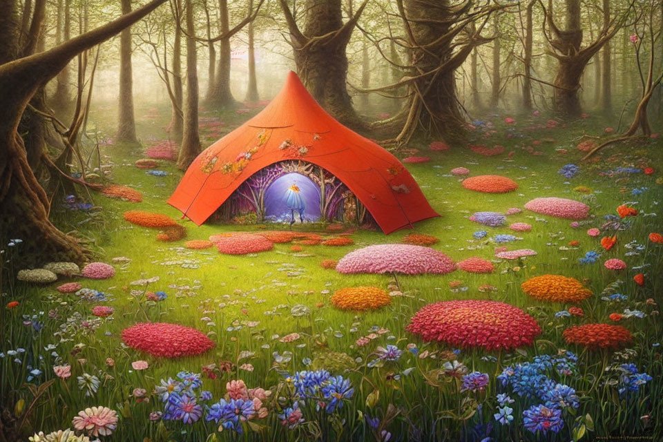 Mystical forest scene with glowing orange tent and colorful flowers