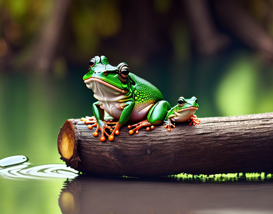 Vibrant green and orange frogs on wooden log with green background