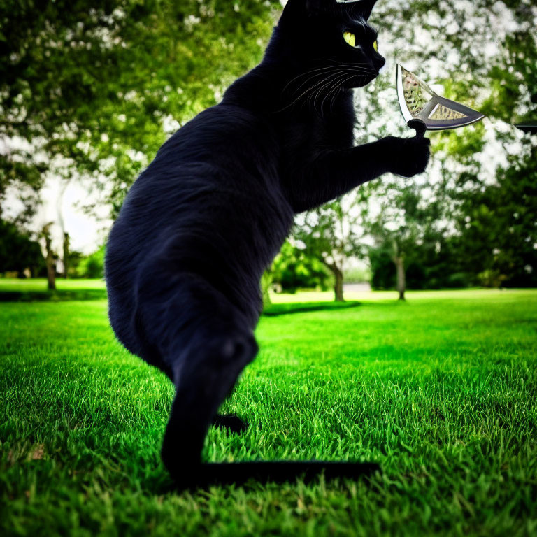 Black Cat Playing with White Shuttlecock in Grass Field