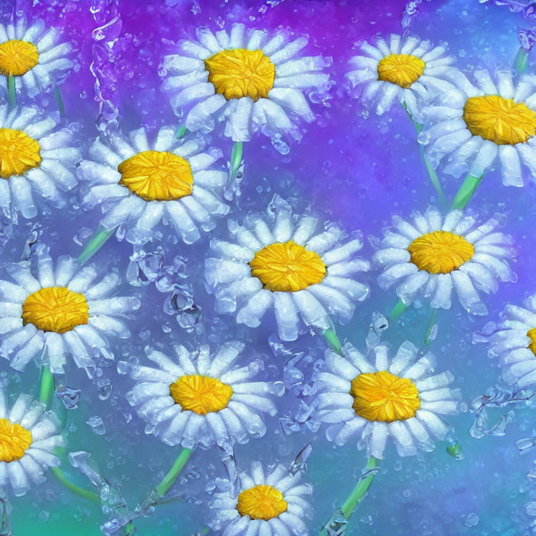 White daisies with yellow centers and icy crystals on multicolored background