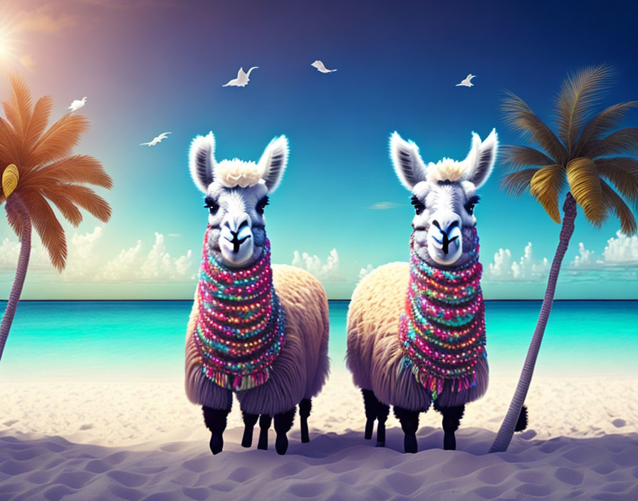 Adorned llamas on sunny beach with palm trees