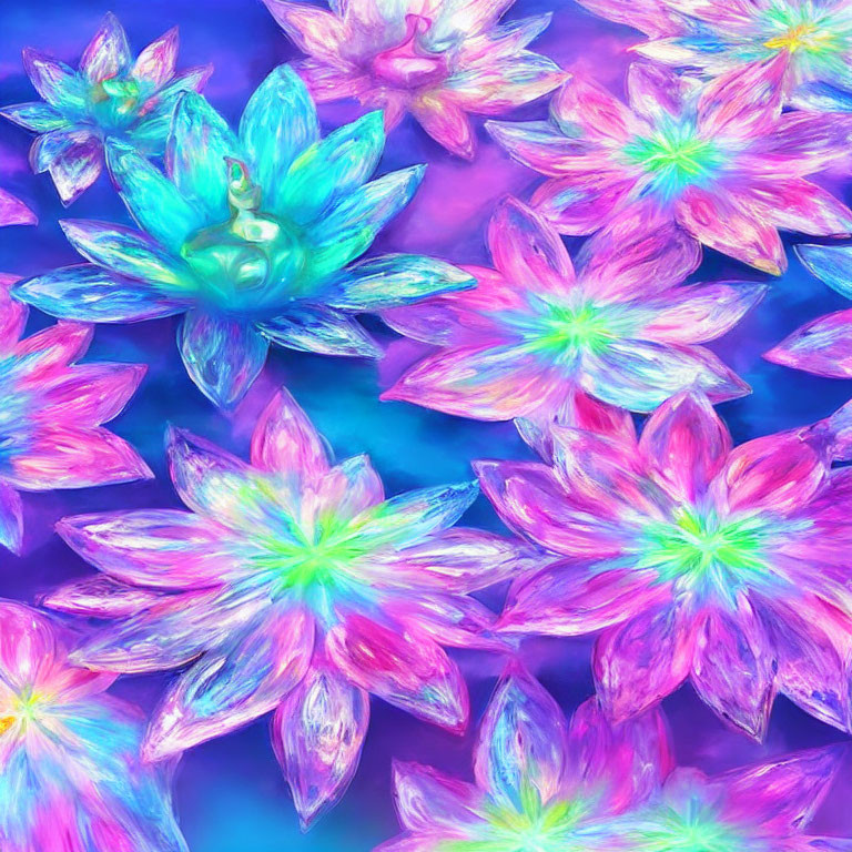 Colorful digital artwork: Stylized lotus flowers in pink, purple, and blue