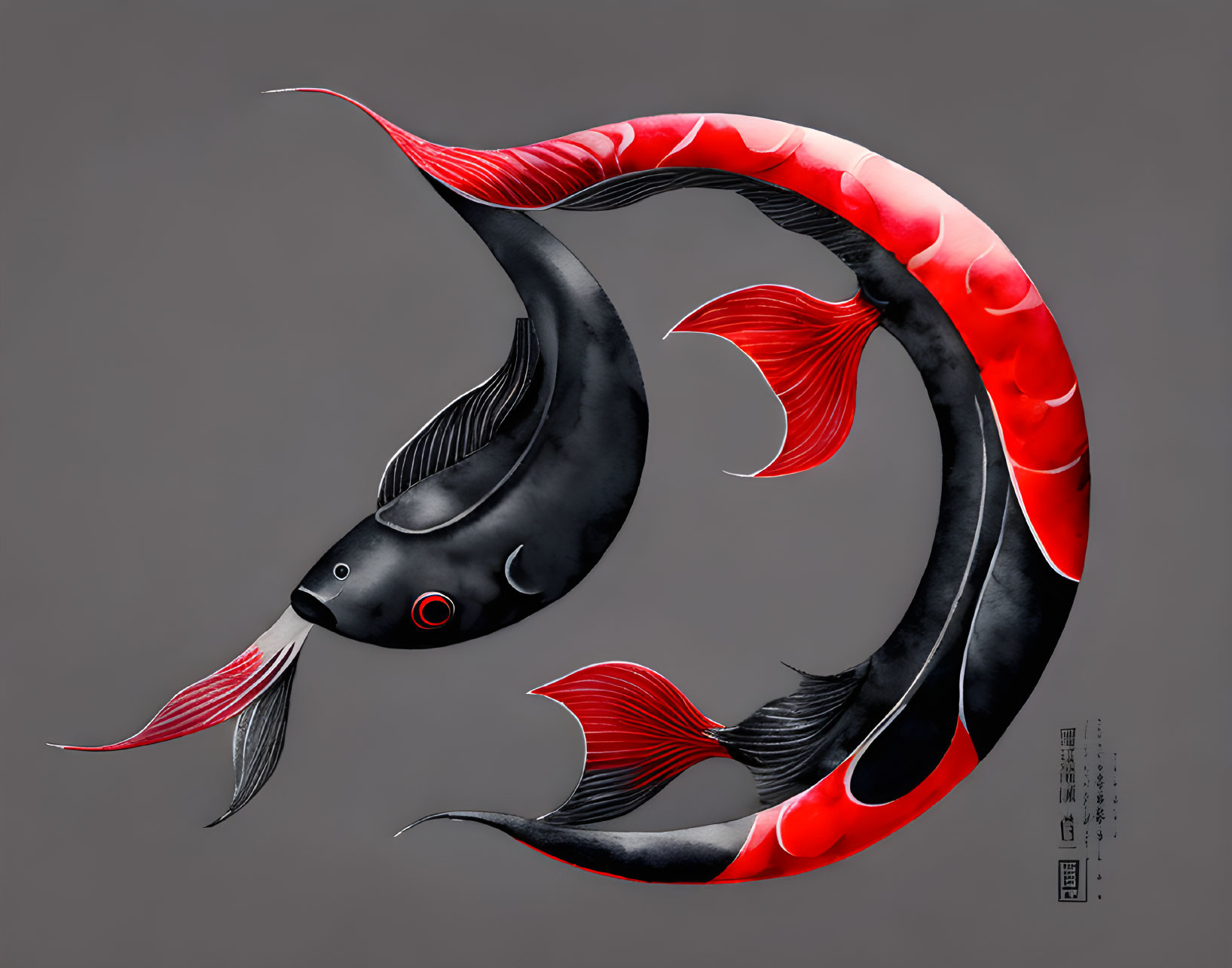 Stylized black and red koi fish in yin-yang pattern on grey background