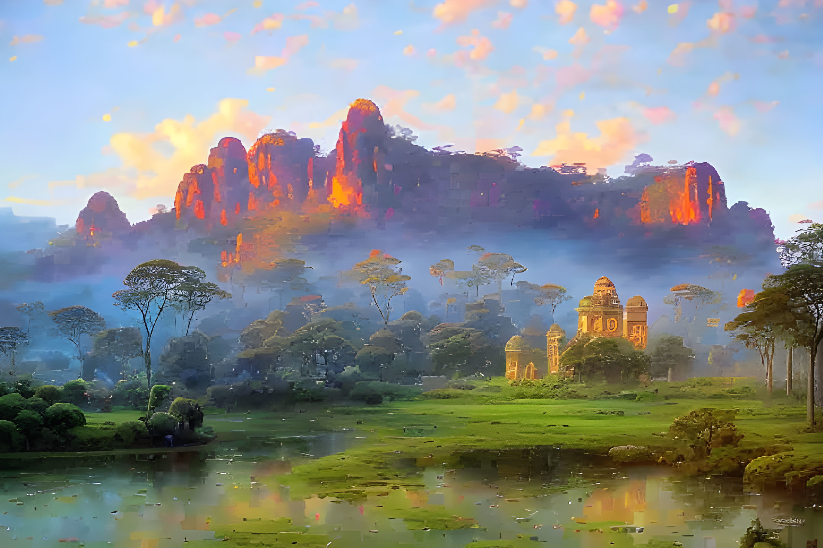 Mystical landscape with sunlit mountains, river, greenery, ancient temple, mist, and