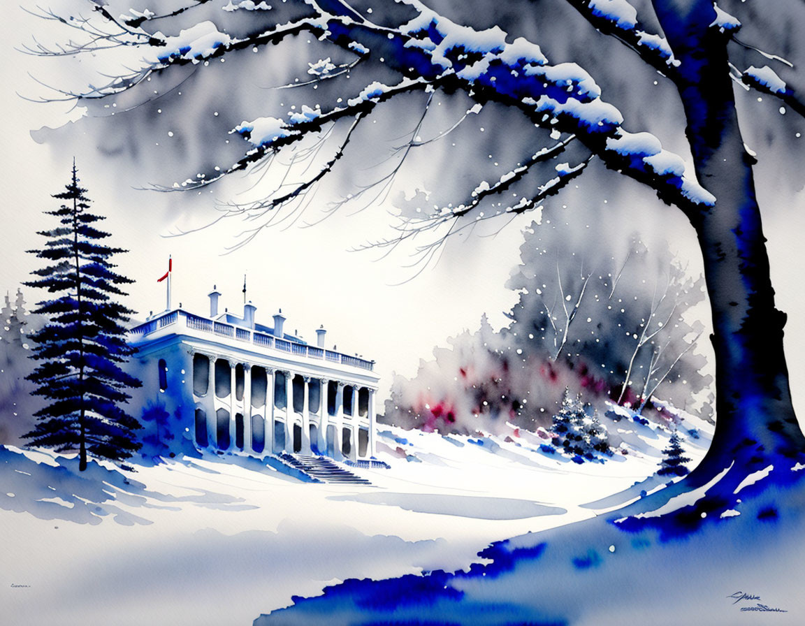 Winter landscape with snow-covered trees and stately building in blue and white tones