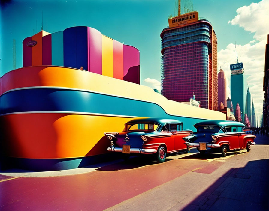 Vintage Cars Parked in Front of Colorful Retro Building with Skyscrapers in Background