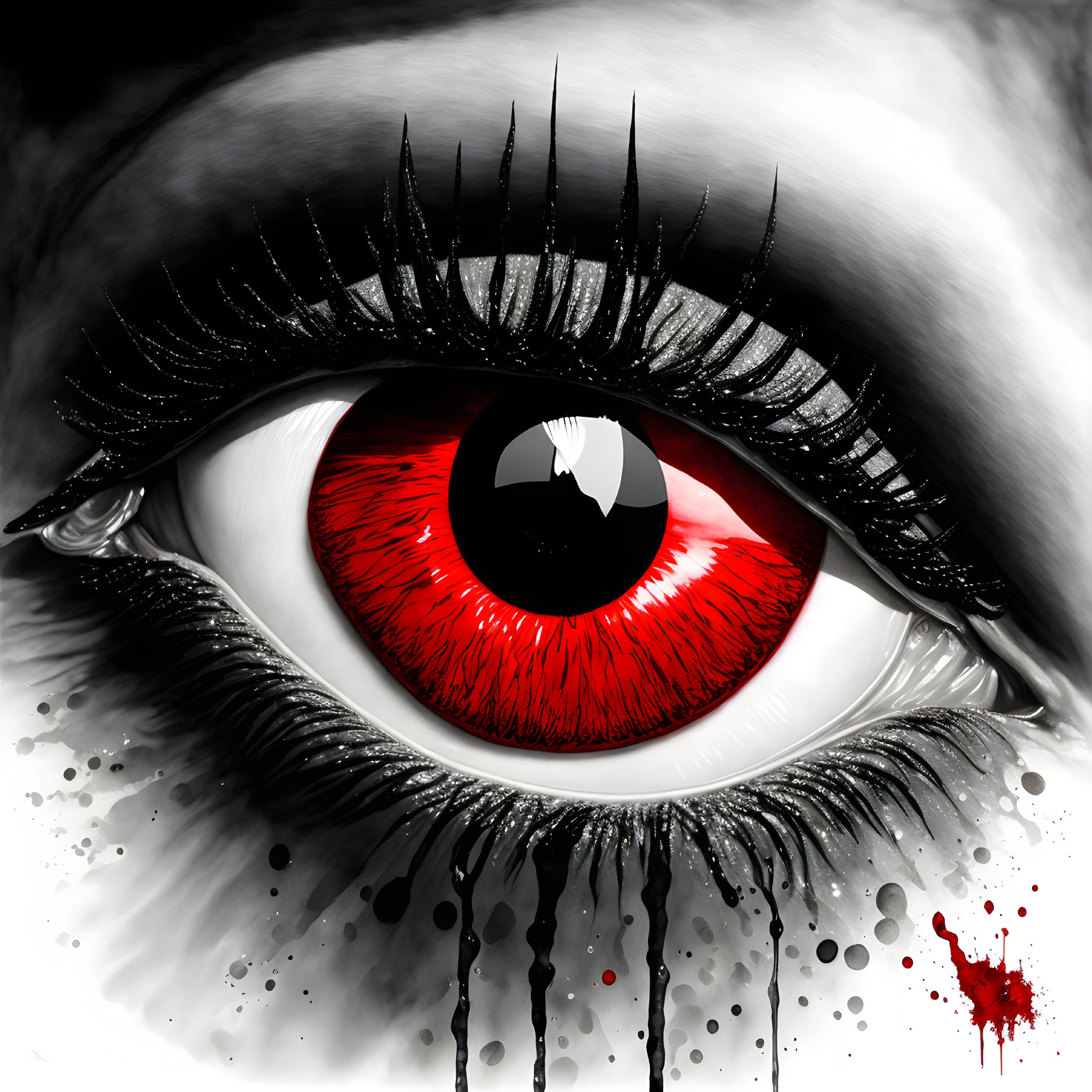 Detailed illustration of human eye with intense red iris and black eyeliner.