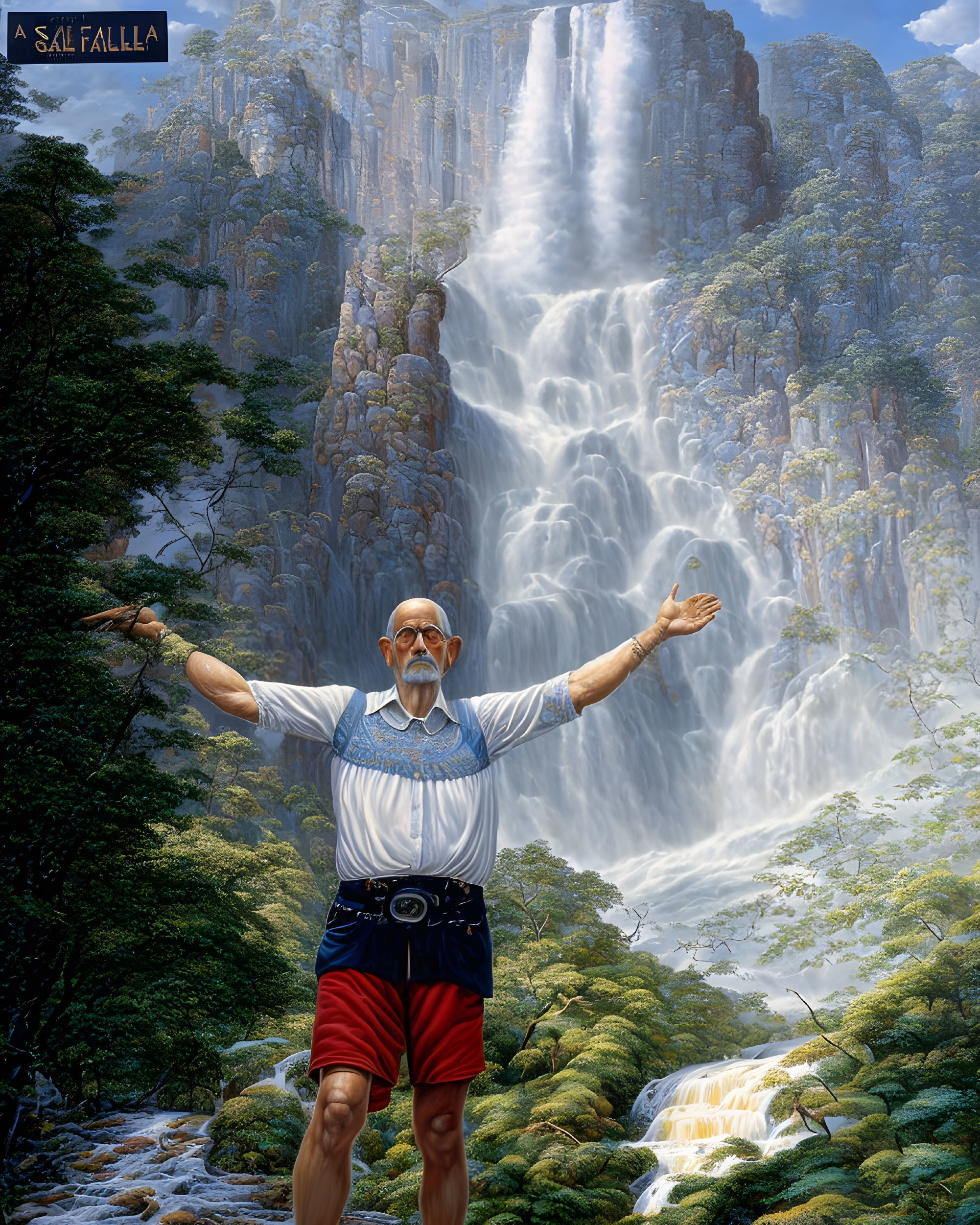 Elderly man with beard in white shirt and camera poses by waterfall