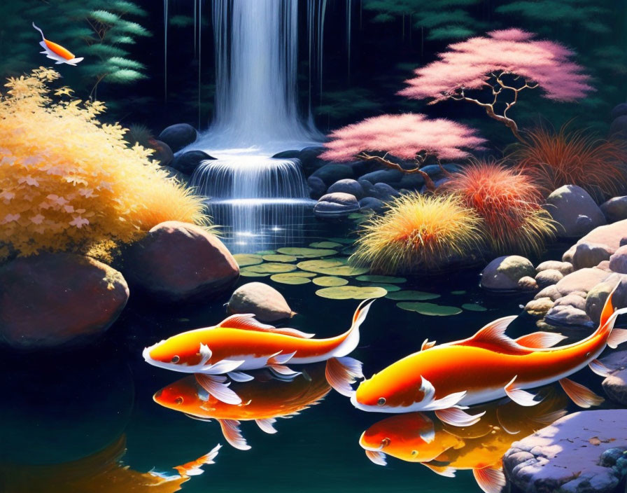 Tranquil pond with koi fish, colorful flora, stones, and waterfall