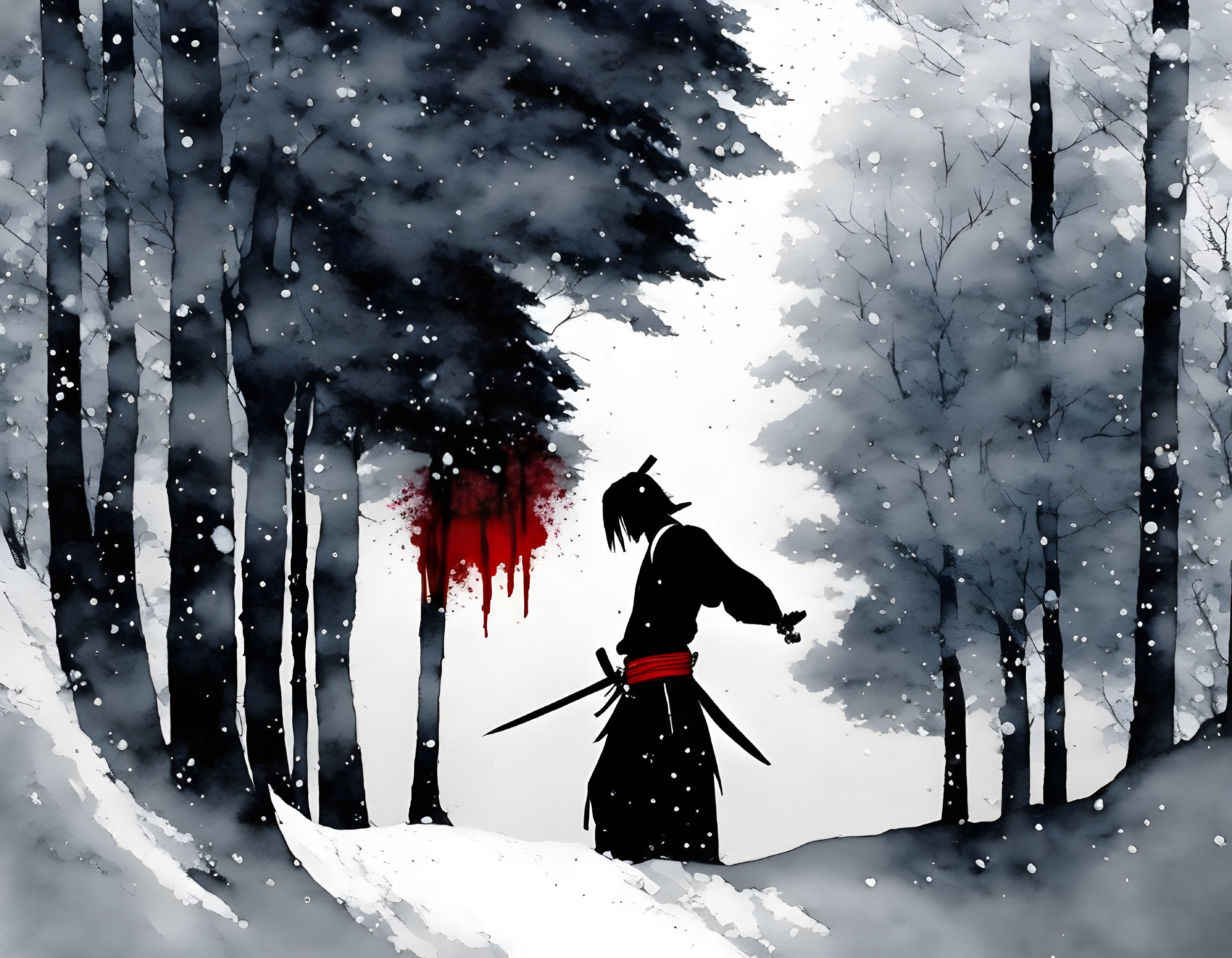 Samurai drawing sword in snowy forest with red splash