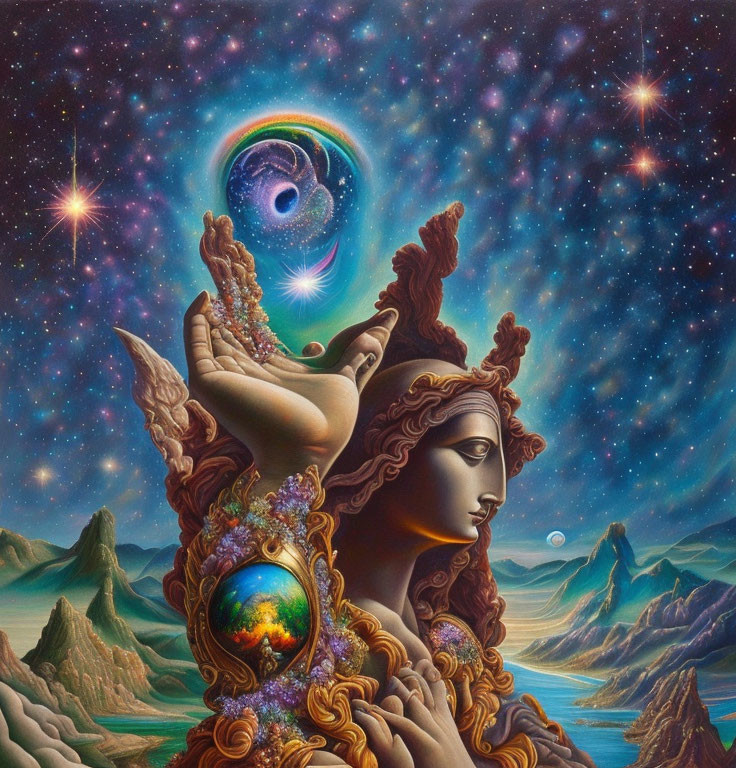 Female figure integrated with yin-yang, earth, stars in cosmic painting