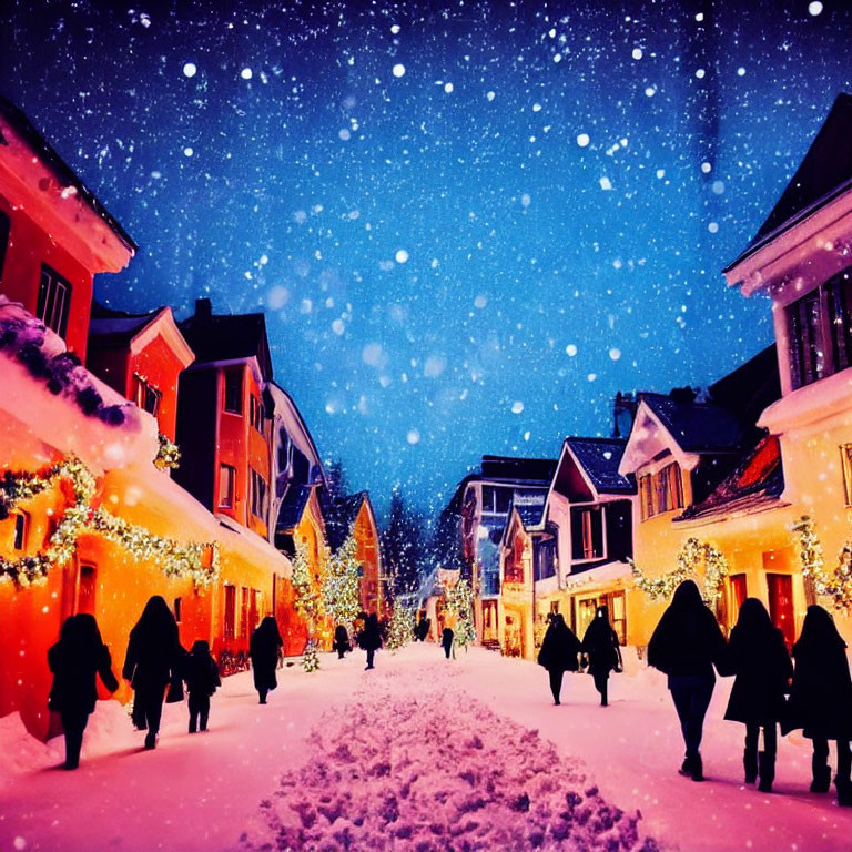 Snowy Street Scene: People Walking Among Festive Lights