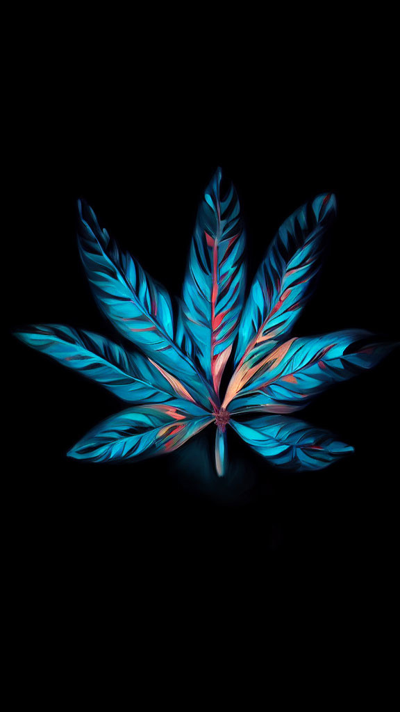 Vibrant digital illustration of neon cannabis leaf on black background