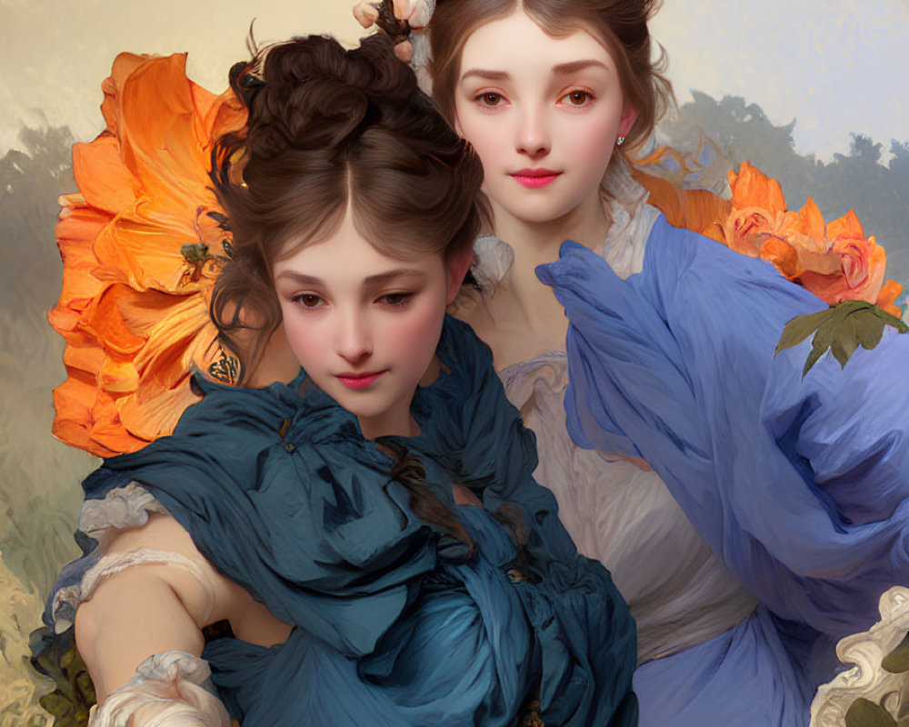 Two women in elegant historical dresses with colorful flowers on soft backdrop