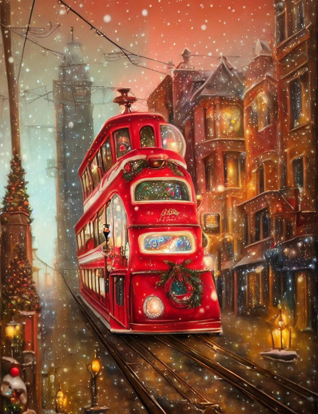 Vintage Red Tram with Festive Wreath on Snowy Street