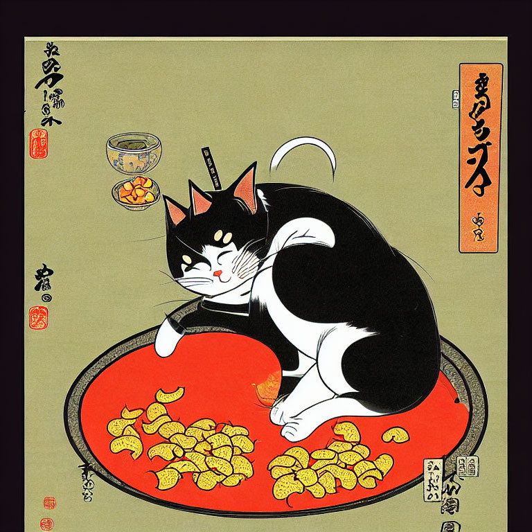 Stylized black and white cat on red tray with gold coins and Japanese text - Traditional Asian art