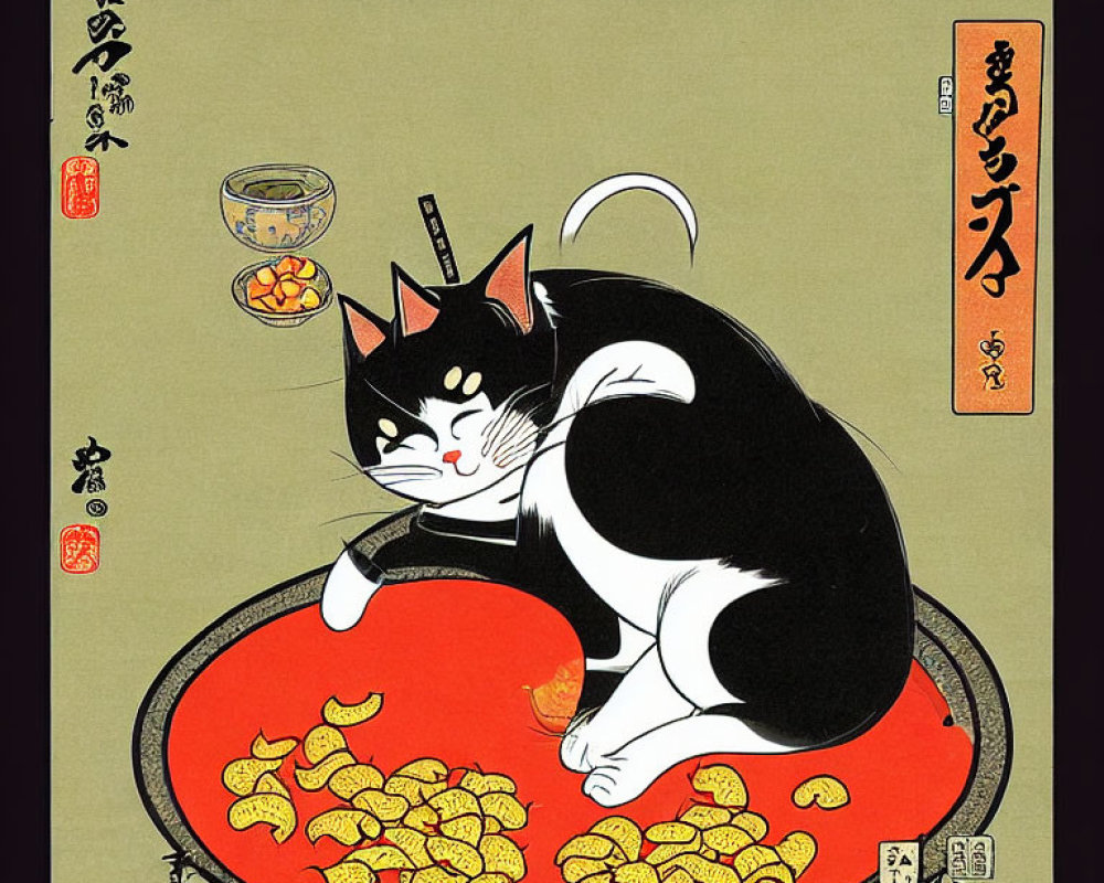 Stylized black and white cat on red tray with gold coins and Japanese text - Traditional Asian art