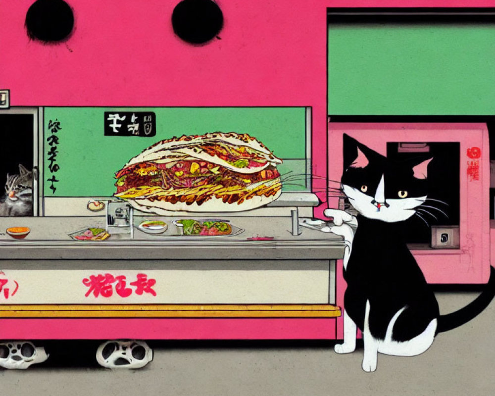 Whimsical black and white cat serving sandwich at colorful street food stall