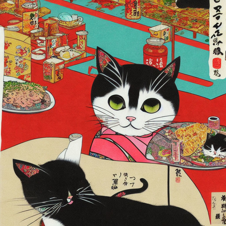 Stylized cats with human-like expressions at Japanese feast