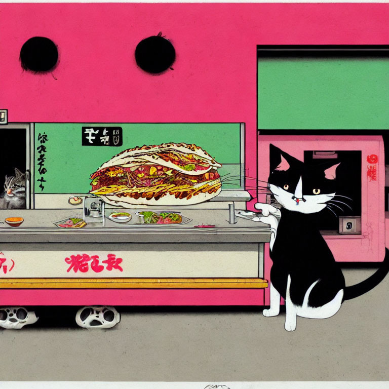 Whimsical black and white cat serving sandwich at colorful street food stall