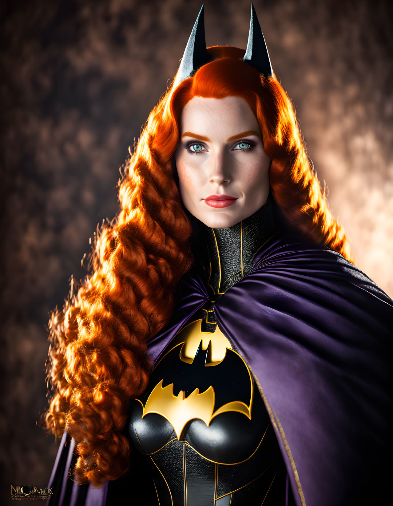 Woman in Batgirl Costume with Red Hair in Serious Expression on Fiery Background