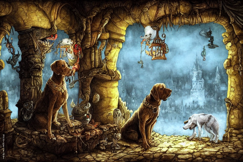 Fantasy illustration: Two dogs in cave room with creatures, castle view