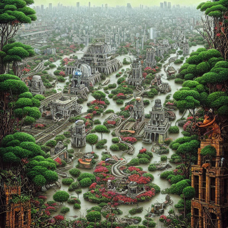Detailed surreal cityscape blending classical architecture with lush greenery and modern skyline.