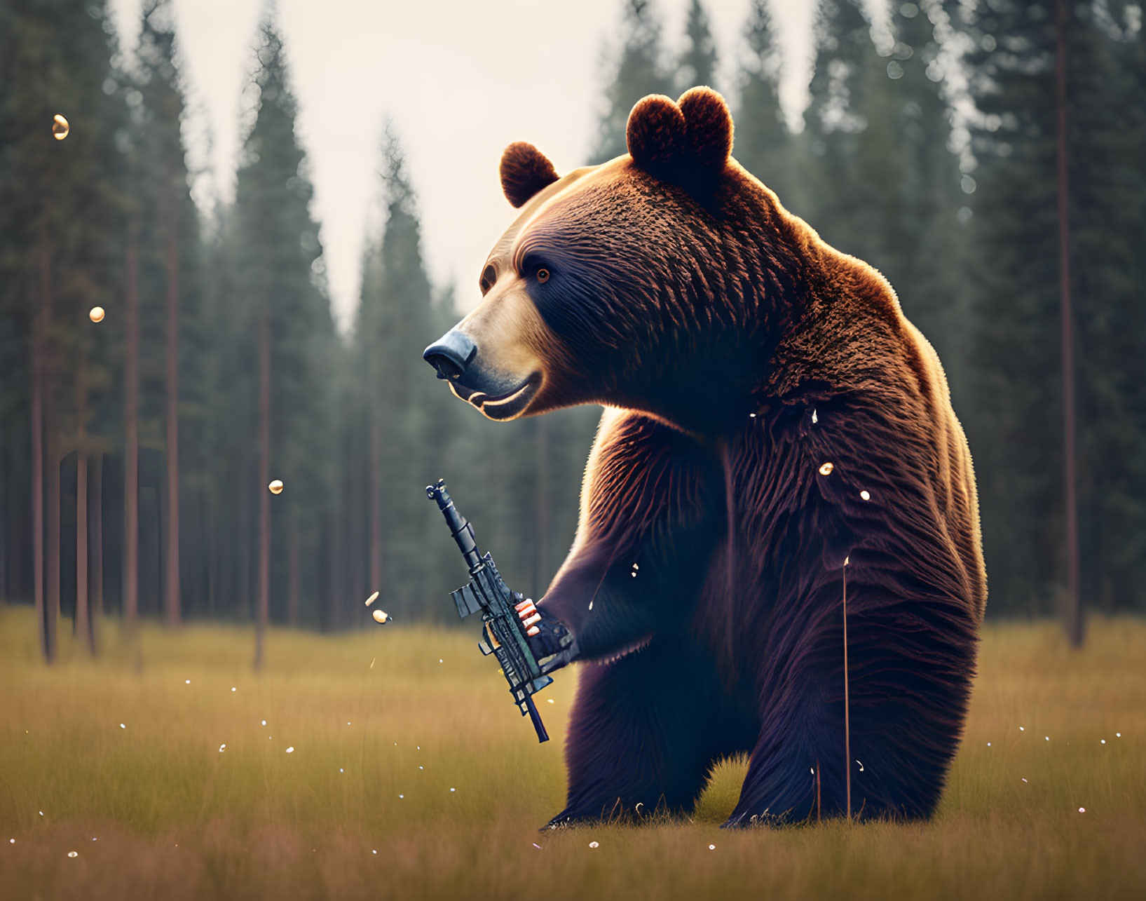 Bear sitting in forest meadow with rifle, surrounded by floating lights