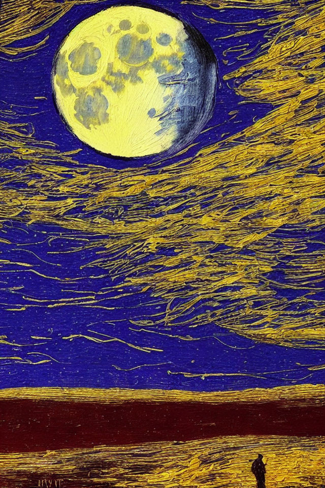 Vivid painting of bright yellow moon against dark blue sky with solitary figure