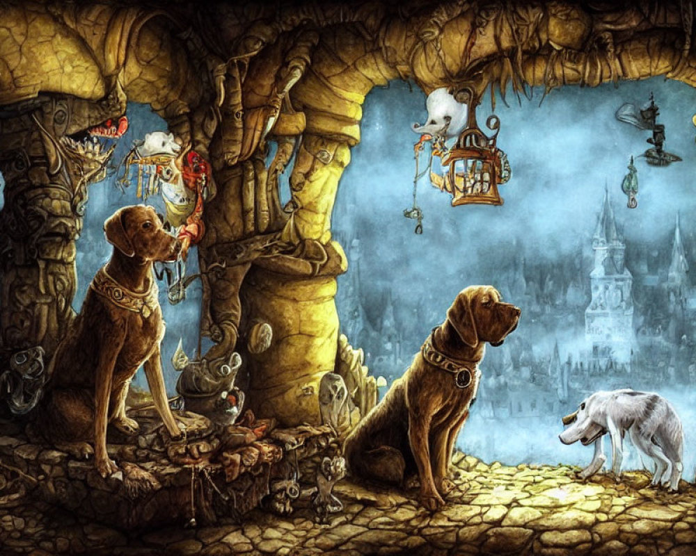 Fantasy illustration: Two dogs in cave room with creatures, castle view