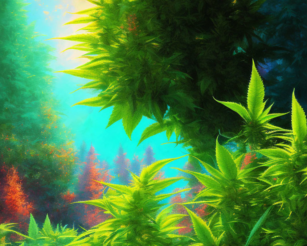 Colorful cannabis plants against autumn forest and sunny sky