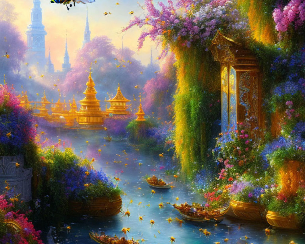 Fantasy landscape with golden spires, lush flora, canals, boats, petals, and a