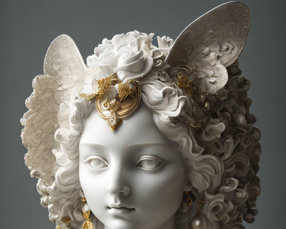 Intricate Woman's Head Sculpture with Gold and Pearl Earrings