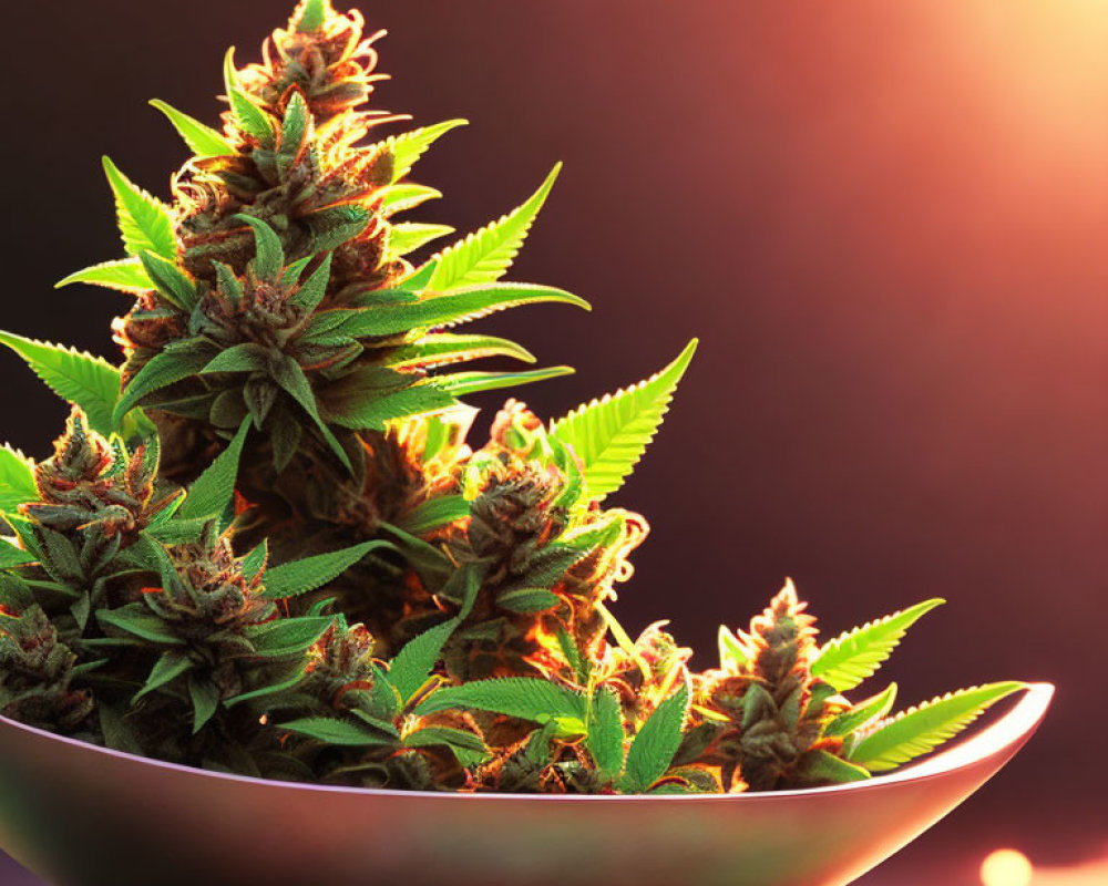 Cannabis buds in a bowl on warm background