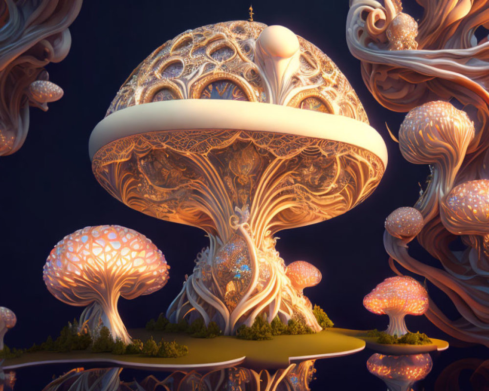 Intricately Designed Glowing Mushrooms in Fantasy Landscape